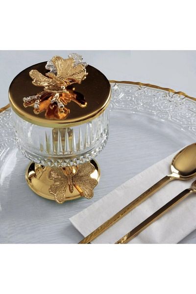 Mira züccaciye Elegantly Designed Elysıa Glass Sugar Bowl, Snack Bowl, Turkish Delight Bowl, Presentation Bowl with Gold Footed and Butterfly Lid