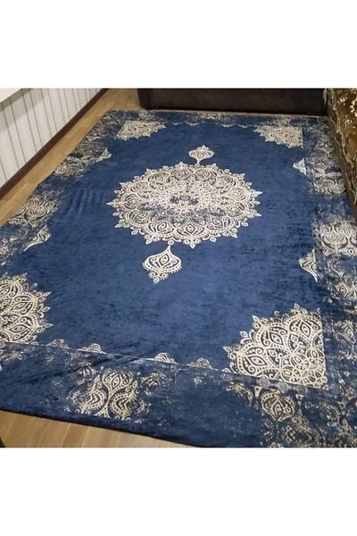 ALLGELSİN Navy Blue Detailed All-round Elastic Carpet Cover Decorative Carpet Cover