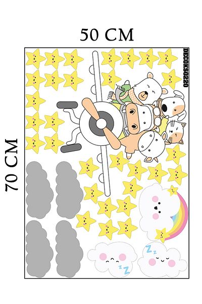 Tilki Dünyası Cute Animals on the Plane, Cute Clouds, Yellow Stars Deco Kids Room Wall Sticker