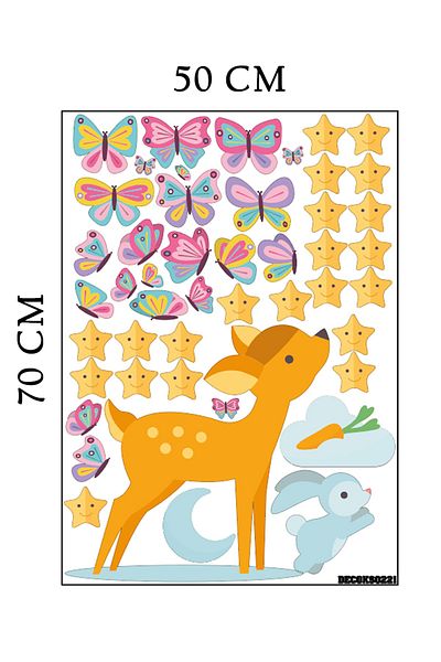 Tilki Dünyası Baby Gazelle, Baby Rabbit and Colorful Butterflies Deco Kids Room Wall Sticker