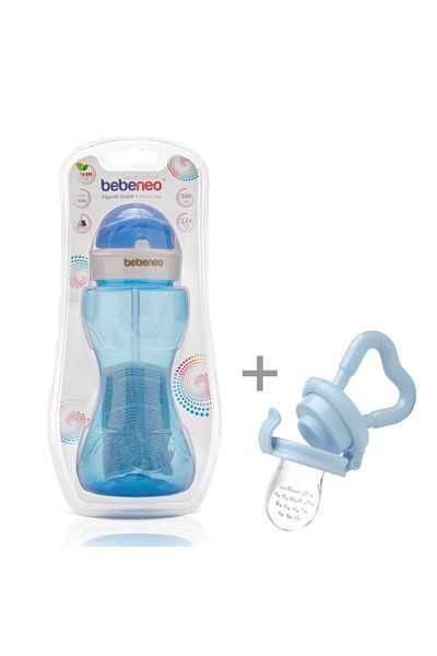BEBENEO Straw Cup with Water Bottle & Strainer Fruit Pacifier Gift Practical Baby Water Bottle with Lid 300 Ml Blue