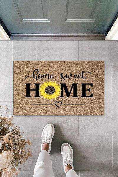 Silkcoat Home Indoor and Outdoor Beige Door Mat Home Sweet Home Daisy Pattern Doormat
