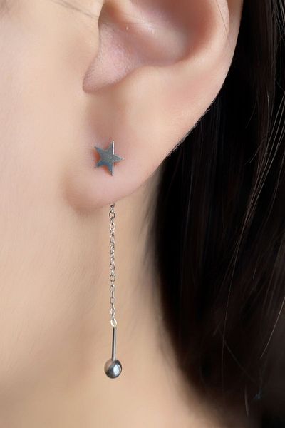 axexuar Silver Color Women's Earrings with Double Dangle Chain 316l Steel Four Leaf Clover Star Motif