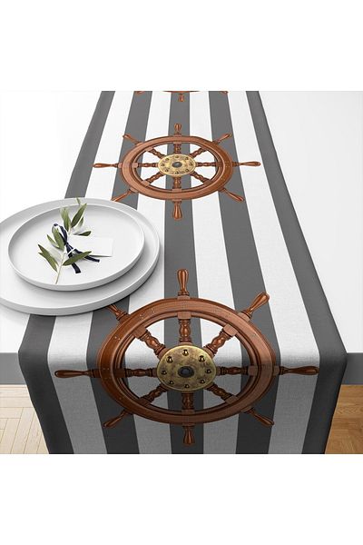 LUX VIE Marin Runner 40*140 εκ. Χοντρό λινό υφαντό με σχέδιο Θαλάσσιο τραπεζομάντιλο Runner