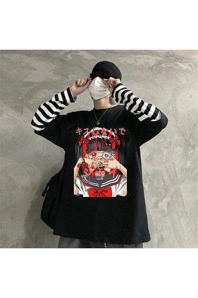 Köstebek Γυναικείο μαύρο Anime Girl Loli Goth Μαύρο ριγέ μπλουζάκι με μανίκια