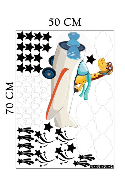 Tilki Dünyası Giraffe Flying Airplane, Stars, White Clouds Deco Kids Room Wall Sticker