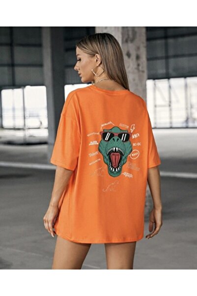 AFROGİYİM Tricou supradimensionat pentru damă, portocaliu, cu sigla din dinoz...