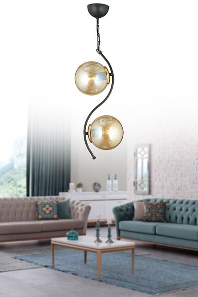 SONSUZ AYDINLATMA&AVİZE 2-Piece Black Melis Bal Globe Glass Downward Facing Luxury Chandelier