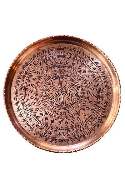 Binbir Trend Hand Embroidered Authentic Patterned Thick Urfa Copper Tray 38 Cm Diameter