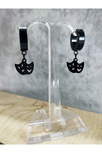 sarıyer silver Black Steel Hoop Earrings with Theater Mask Figure