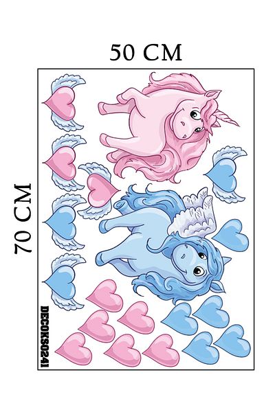 Tilki Dünyası Pink and Blue Unicorn Winged Pink Hearts Deco Kids Room Sticker