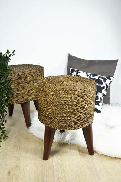 SepetçiBaba Hasır Puf Ayaklı Ahşap Yuvarlak