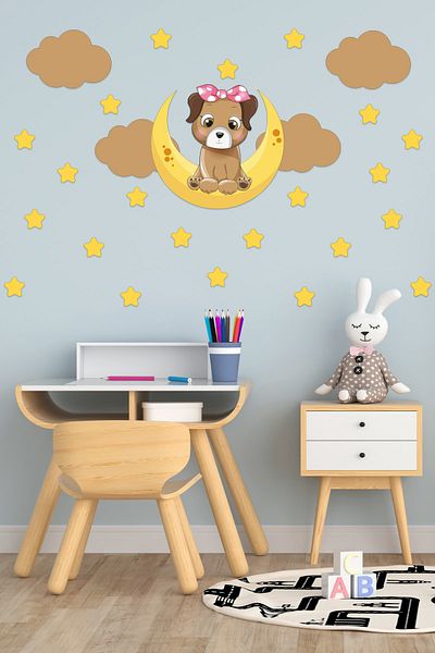Tilki Dünyası Sweet Puppy Brown Clouds And Yellow Stars Deco Kids Room Wall Sticker