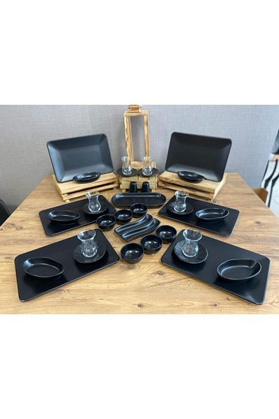 Demet Çeyiz Aksesuar Set Breakfast Matte Black Siera 35 Pieces for 6 People