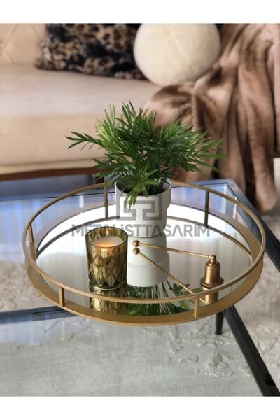 Metalist Tasarım Sefa Decorative Mirrored Tray Round Matte Gold Color 42cm