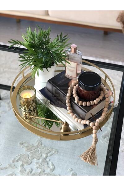 Metalist Tasarım Sefa Decorative Mirrored Tray Round Matte Gold Color 42cm