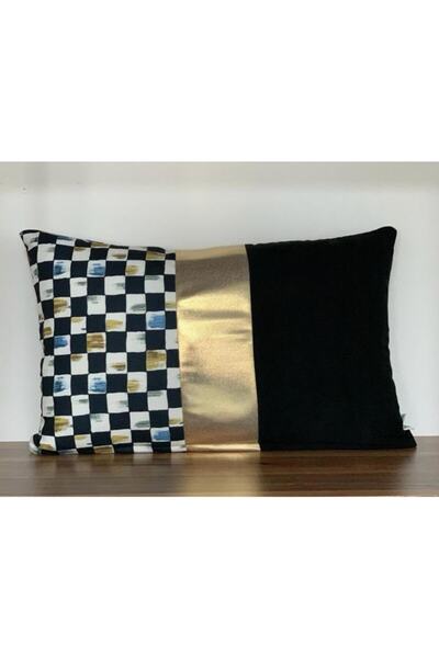 KIRLENTİM أسود/لون الشطرنج نمط رقائق الذهب في المنتصف شريط مسطح رمي غطاء وساد...