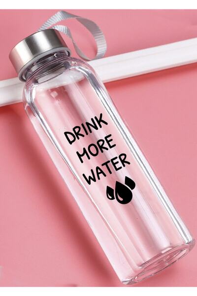Ayzi Tasarım Drink More Water Cam Su Şişesi 500 ml + Kılıf
