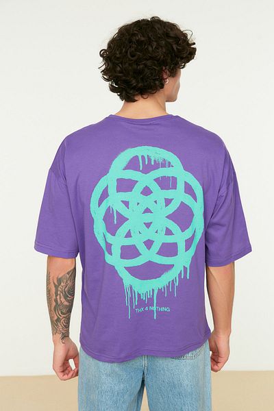 Trendyol Collection Geometric Printed Purple Oversize bavlněné tričko - TMNSS21TS1062
