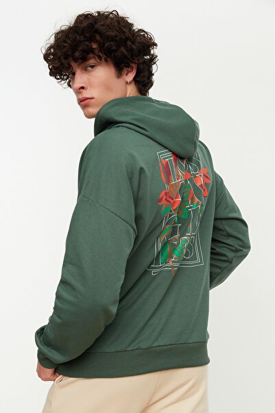 Trendyol Collection Зелена широка суитшърт с качулка и флорален принт TMNAW22SW0155