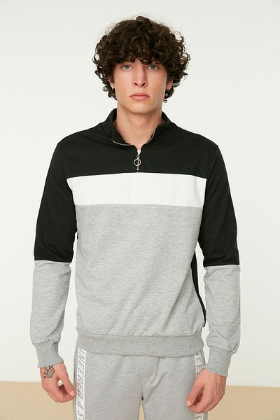 Trendyol Collection Schwarzes Slim Fit Langarm-Sweatshirt mit Farbfelddetails, vorherrschendem Kragen, Reißverschluss TMNAW20SW0129