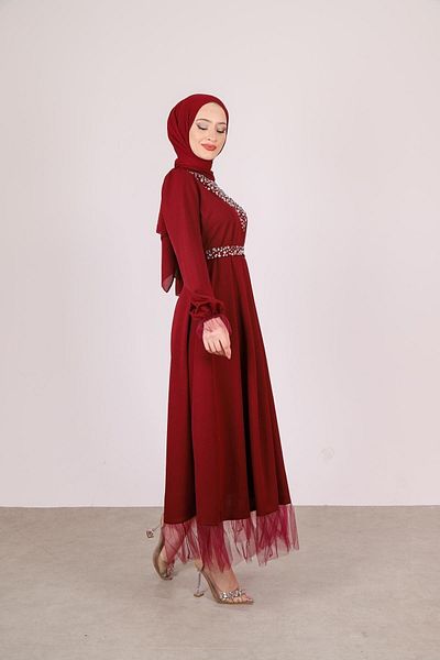 modasindoma Women's Stone Detailed Belted Hijab Dress Claret Red