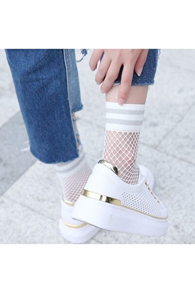 Rozina Дамски бели чорапи с брокат, мрежести, S-файл