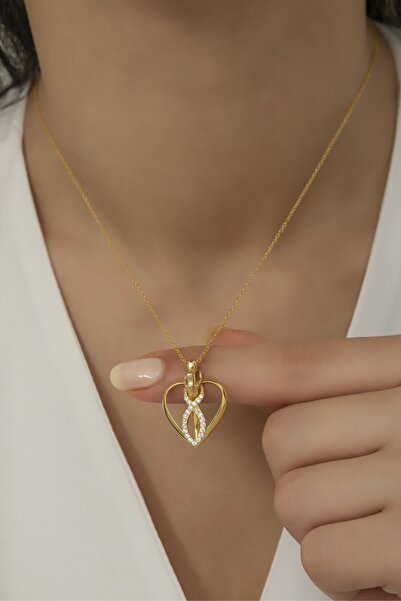 Nereze 925 Ayar Gümüş Gold Kalpli Sarılan Sevgililer Kolye