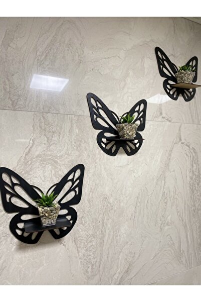 AHWALL 3'lü Ahşap Duvar Süsü Rafı Kelebek Mumluk Duvar Dekoru