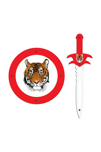 Ahtek Wooden Toy Set of 2, Tiger Head Shield and Sword, Red