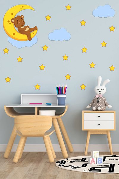 Tilki Dünyası Sleeping Sweet Teddy Bear Blue Clouds And Stars Deco Kids Room Wall Sticker