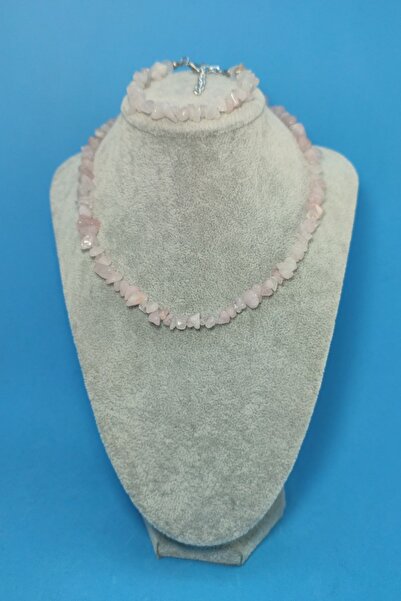 ELİZYAS Pembe Kuvars Doğal Kırıktaş Set Kolye Ve Bileklik