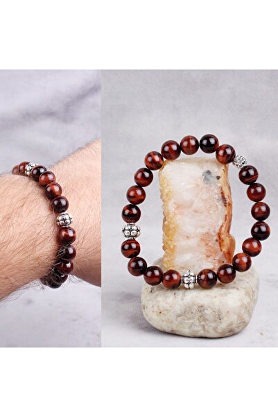 TESBİHCİBABA Silver Design Red Cowhide Stone Bracelet