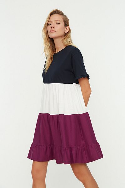 Trendyol Collection Sötétkék 100% pamut színű blokk Shift/sima mini kötött ruha TWOSS20EL1638