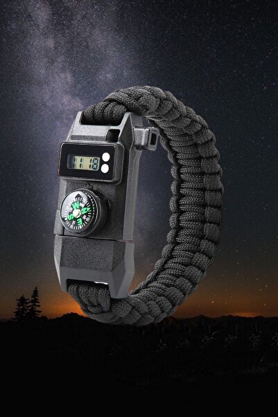 ASLPremium Paracord Bileklik Dijital Saat Pusula Ateş Başlatıcı