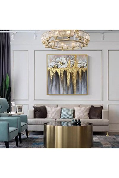 Markazip Altın Metal Çerçeveli Altınlı Çiçek Soyut Kanvas Tablo 90x90cm Kod: Cv8731-a