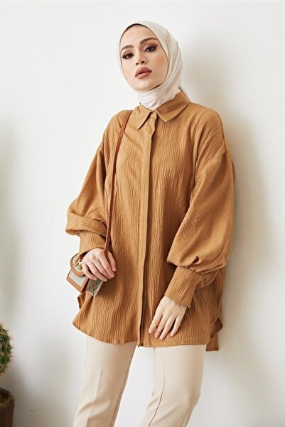 benguen Γυναικείο Καφέ Πουκάμισο με Μανίκια Μπαλόνι 61446