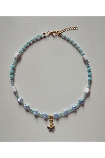 Fata Morgana Accessory Mavi Kelebek Uçlu Barok Incili Kristal Boncuk Kolye
