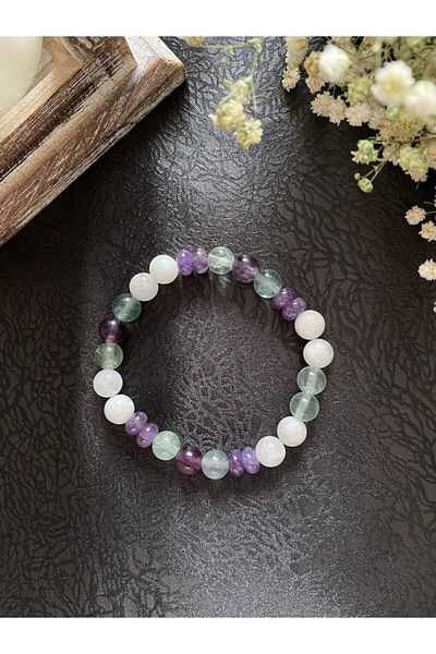 Armis Natural Stone Zodiac Bracelet Aquarius (Moon Stone-Amethyst Stone-Fluorite Stone)