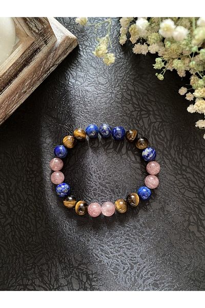 Armis Natural Stone Zodiac Bracelet Taurus (turtle eye-lapis Lazuli -strawberry Quartz)