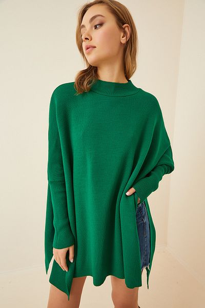 Happiness İstanbul Grünes Oversize-Poncho-Sweatshirt mit Seitenschlitz für Damen YY00005