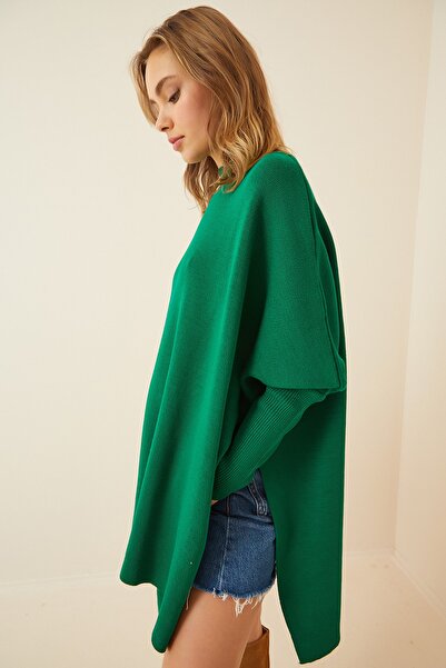 Happiness İstanbul Női zöld oldalsó hasítékos, túlméretezett poncsó pulóver YY00005