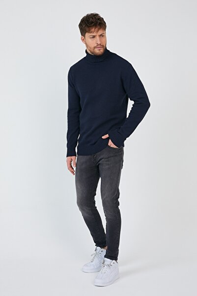 Matte Helsinki Men's Turtleneck Navy Blue Plain Knitwear Sweater