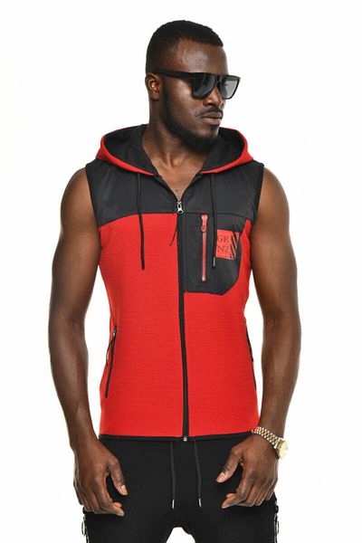 DAVID&GERENZO Red Men's Fabric Mixed Hooded Vest