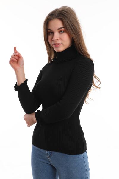 Sfg Life Moda Women's Ribbed Knitwear Acrylic Flexible Frilly Turtleneck Badi