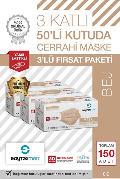 SAYTEKMED Meltblown Filtreli, Yassı Ipli, 3 Katlı Ten Rengi Cerrahi Maske (3 KUTU/150 ADET)