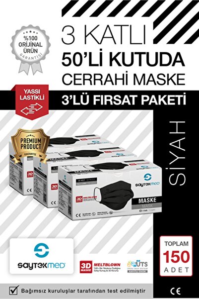 SAYTEKMED Meltblown Filtreli, 3 Katlı Yassı Ipli Siyah Cerrahi Maske (150 ADET/3 KUTU)