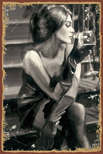 Hayal Poster Kadın Ve Şarap Temalı Retro Ahşap Poster