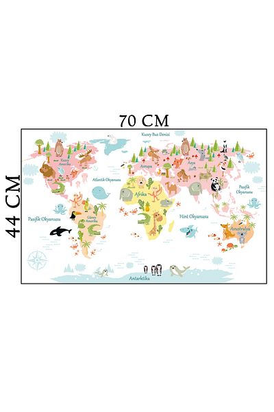Tilki Dünyası Eyaz Educational World Map Animal Kingdom Turkish Deco Kids Room Wall Sticker