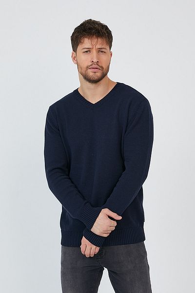 Matte Helsinki Men's V-Neck Navy Blue Plain Knitwear Sweater